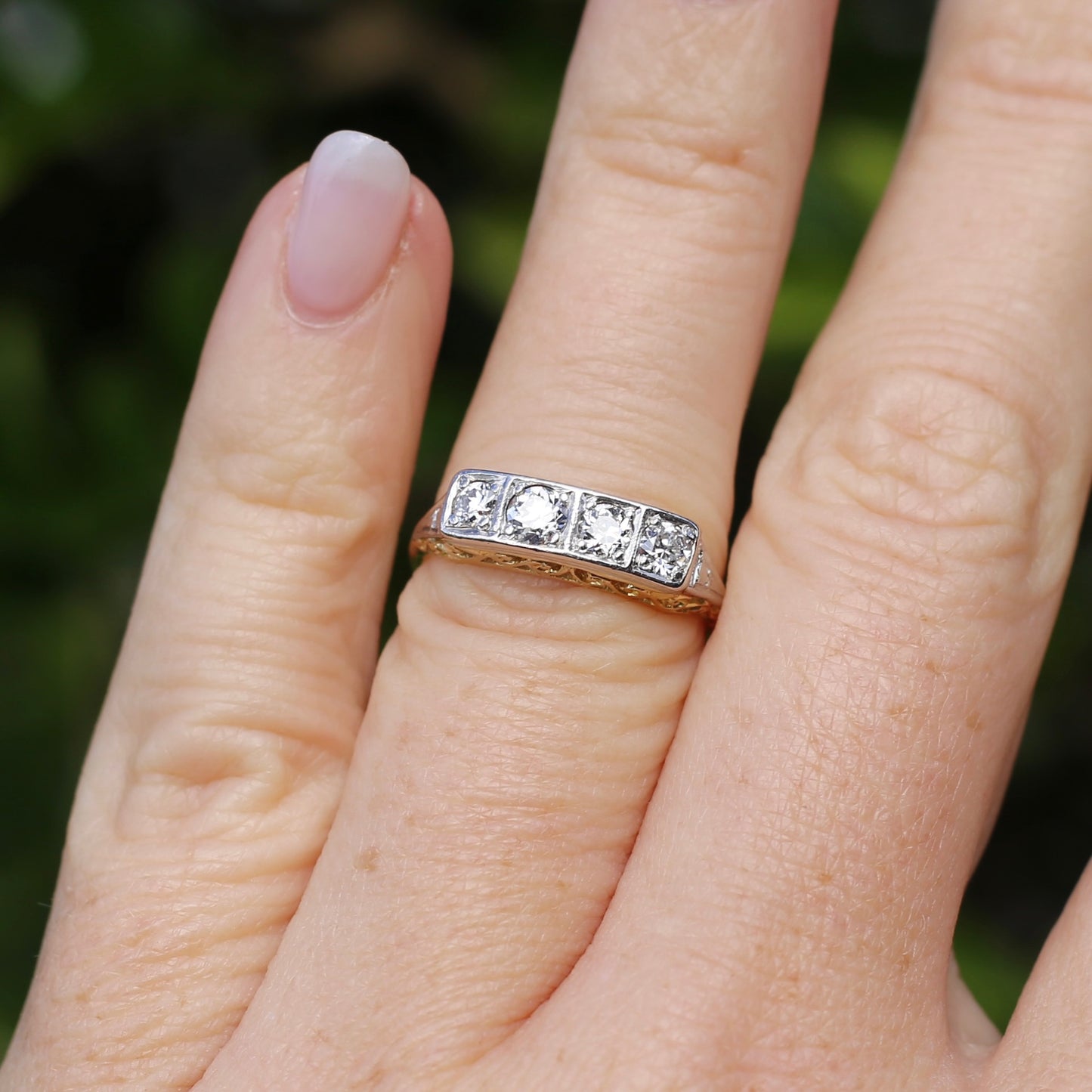 1930s 4 Stone Transitional Cut Diamond Mixed Metal Ring, 18ct Yellow Gold & Platinum, size M or just bigger than 6