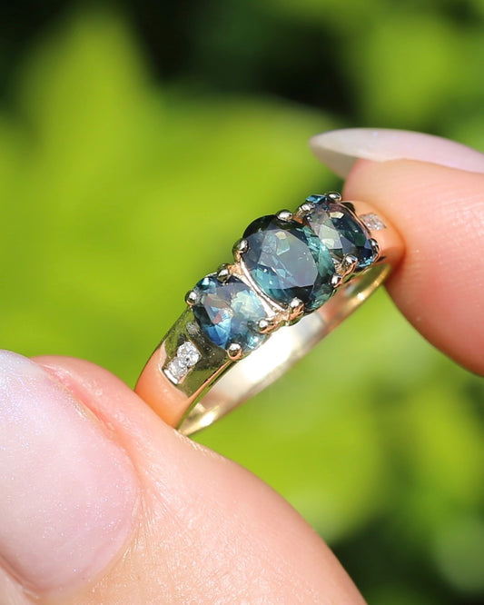 2.1ct Parti Sapphire Trilogy with Channel Set Diamonds, in Vintage 9ct Yellow Gold Ring, size O or 7.25