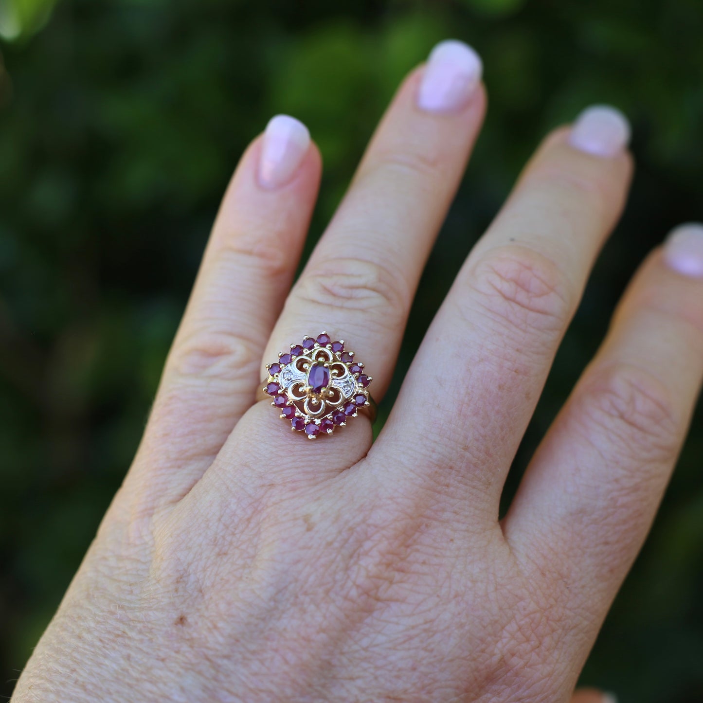 Ruby and Diamond Filigree 14ct Yellow Gold Ring, size M or just under 6.5