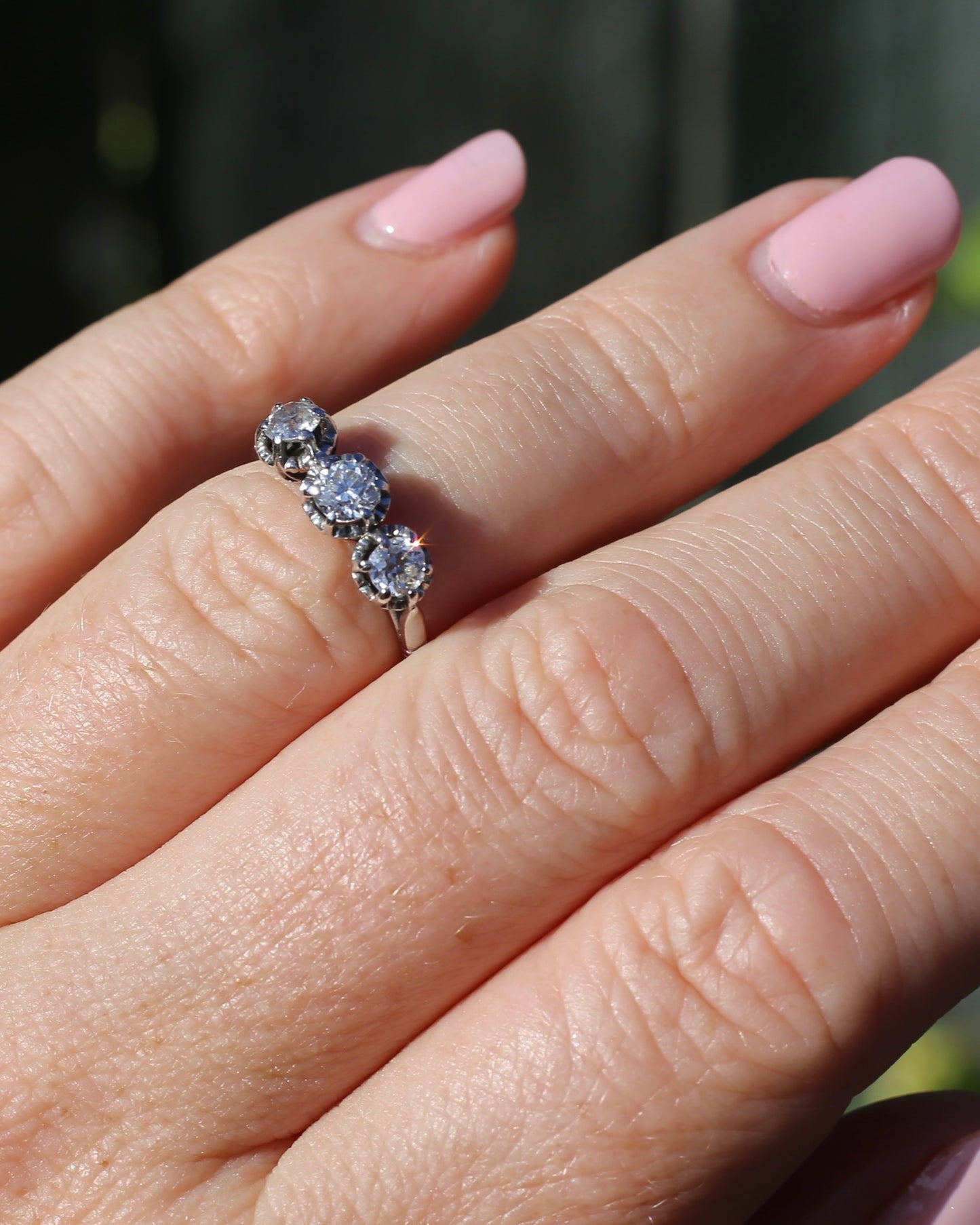 Circa 1930s Transitional Cut Diamond Trilogy with Kozibe Effect, Platinum, size L or 5.75, 2.68g, with valuation