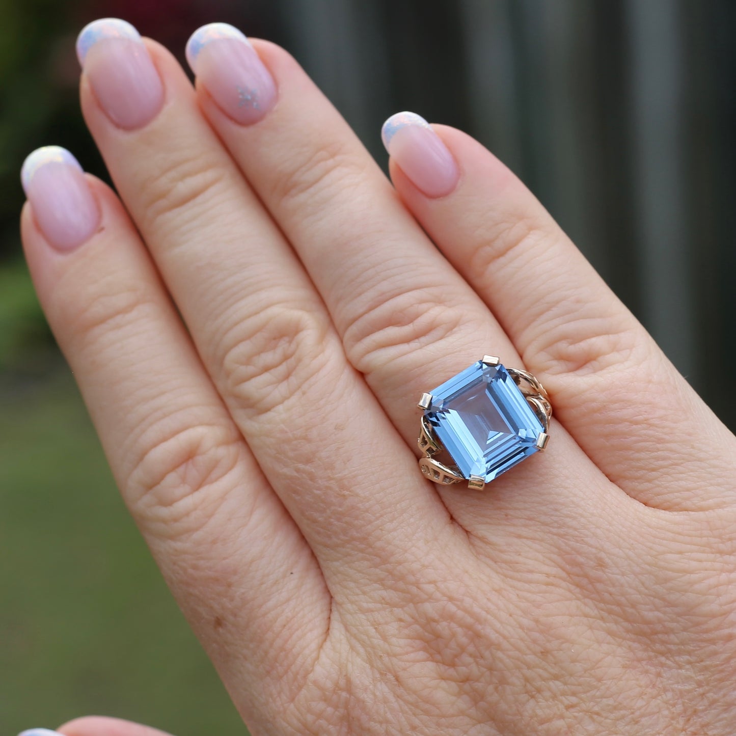 Mid Century Emerald Cut Blue Spinel Cocktail Ring, size N1/2 or 6.75