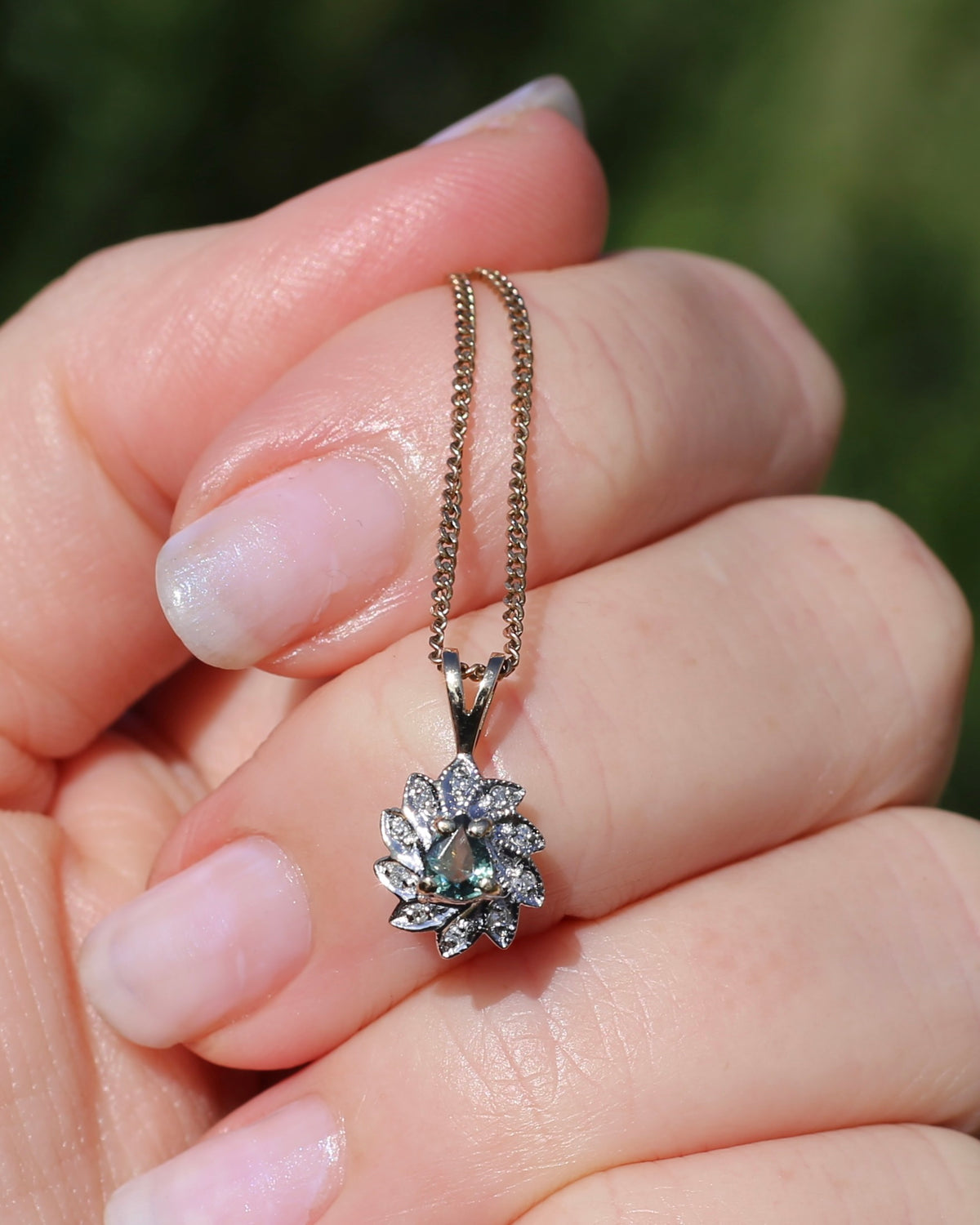 0.3ct Natural Green Parti and Natural Illusion Set Diamond Leaf Halo Pendant, 9ct Yellow Gold, 0.72g