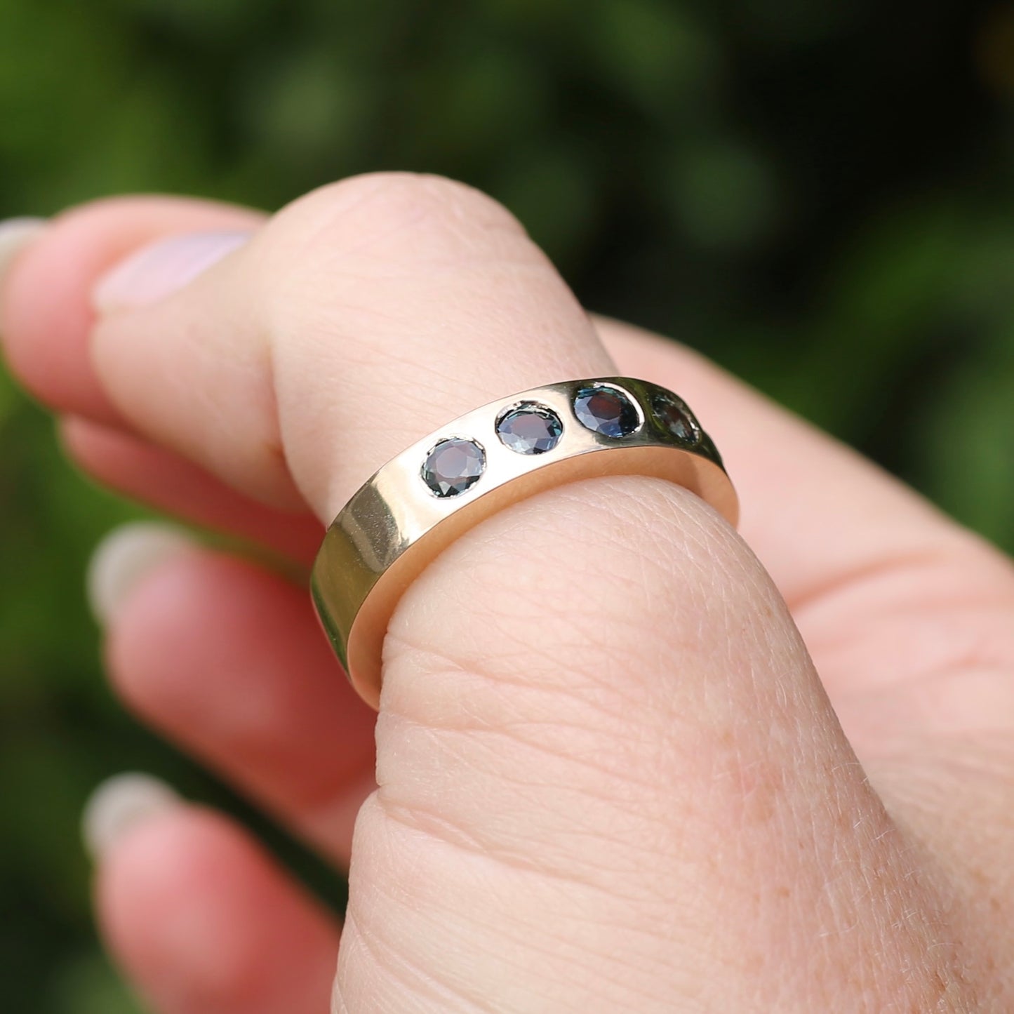 Custom Reclaimed Gold Chunky 9ct Rings with 4mm Parti Sapphires