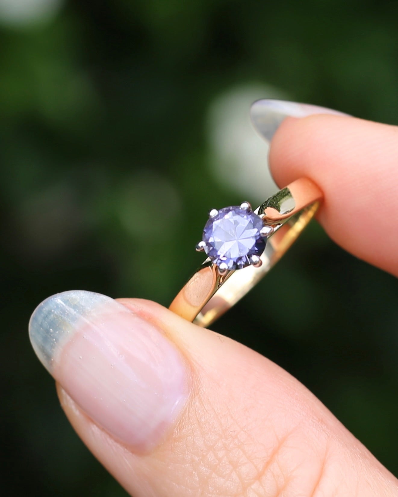 Hand Carved Australian Iolite Solitaire Ring, 9ct White and Yellow Gold, size S1/2 or 9.25, 3.03g