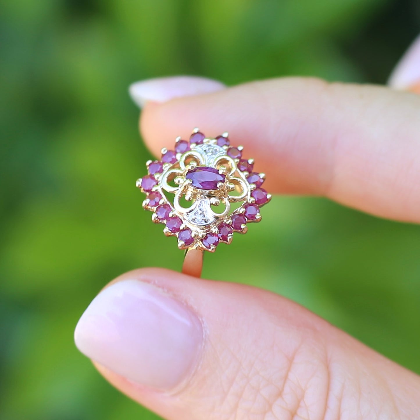 Ruby and Diamond Filigree 14ct Yellow Gold Ring, size M or just under 6.5