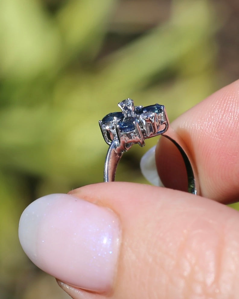 Vintage Parti Sapphire and White Quartz Cluster Ring, 9ct White Gold, size M or just over 6, 1.7g
