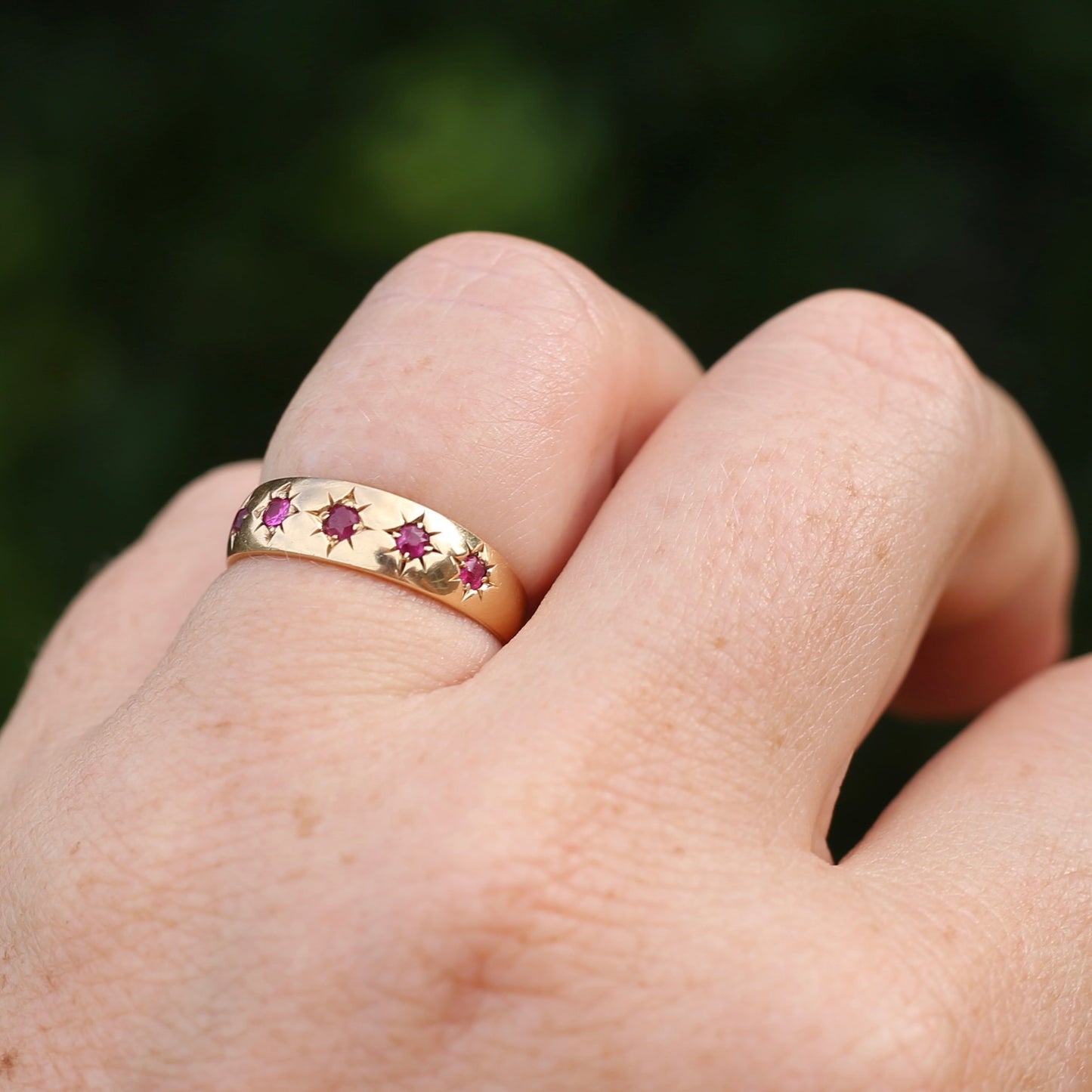 Antique 1891 Five Stone Star Set Old Cut Ruby Ring, 15ct Rosey Gold, size N- N1/2 or 6.75