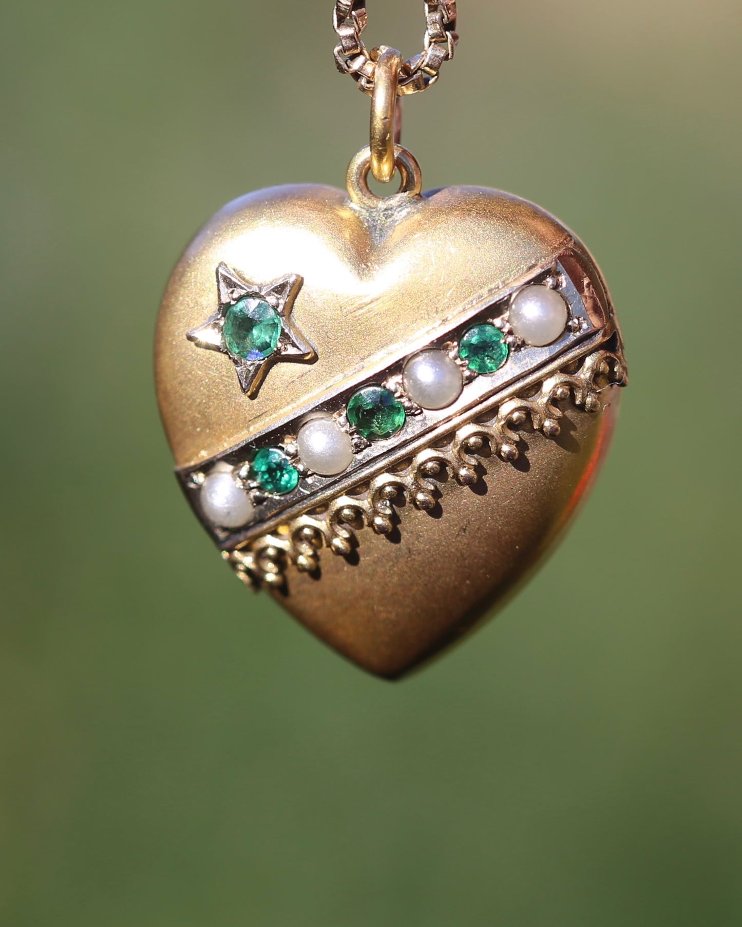 Early Australian Aronson & Co Puffy Heart set Pendant with Pearl and Green Gems, 9ct Yellow Gold, 2.59g