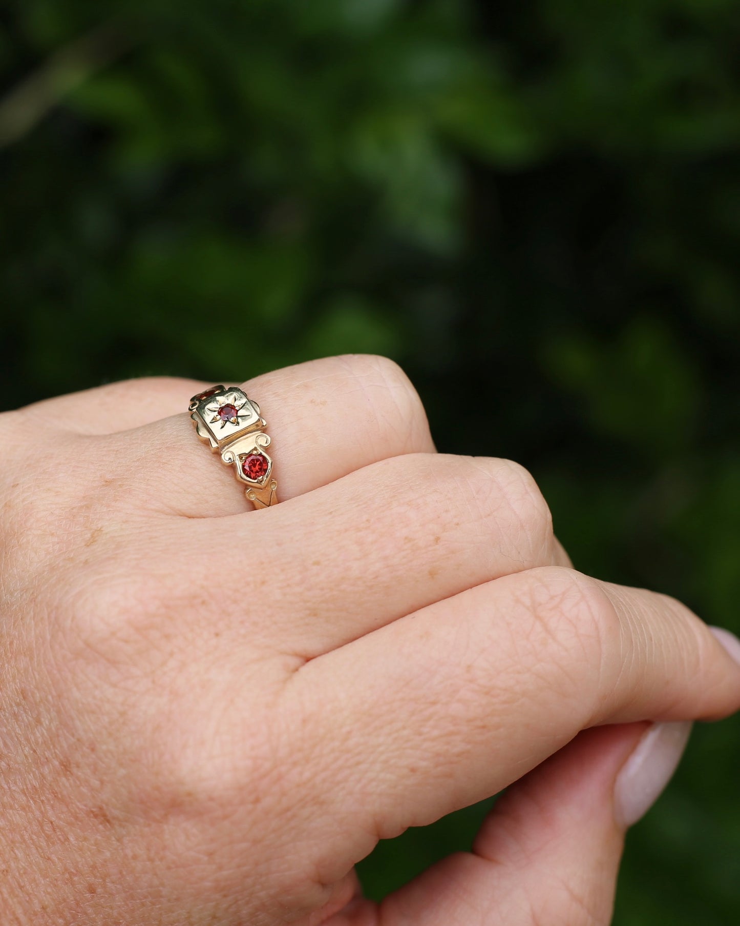 Victorian Revival Garnet Trilogy Star Set Ring, 9ct Yellow Gold, size O1/2 or just over 7.25