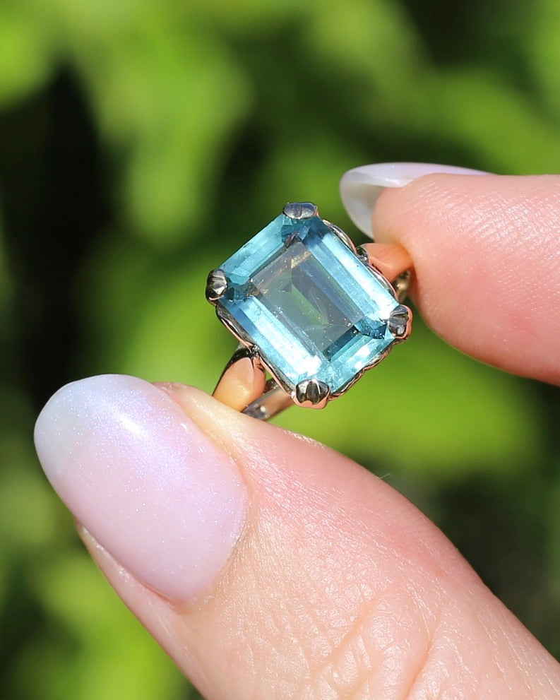 Second Glance - Natural 4.3ct Emerald Cut Aquamarine in Vintage 1963 London Made Ring, 9ct Yellow Gold, size K1/2 or 5.5, 3.04g