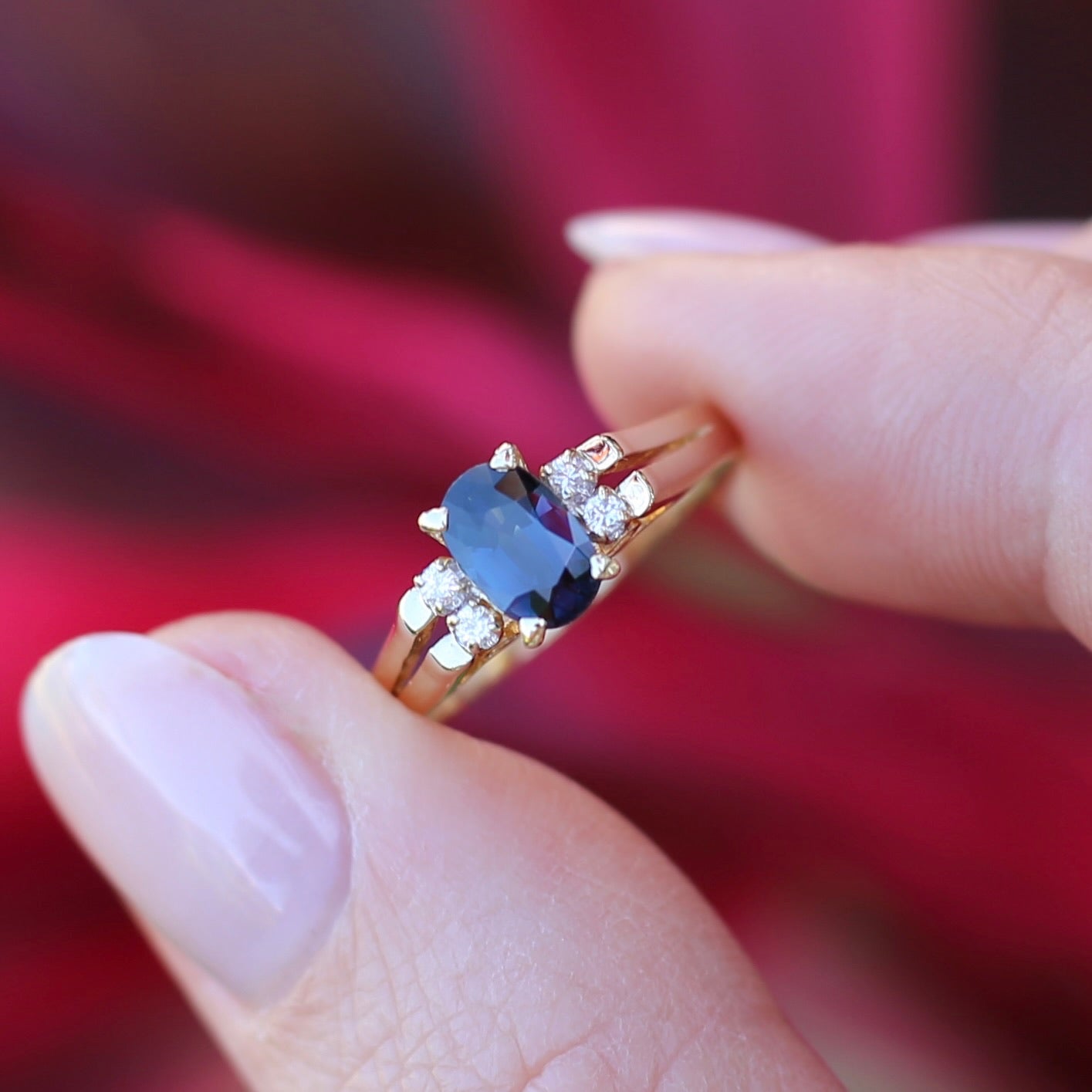 Oval Natural Blue Sapphire with Diamonds, Art Deco Feel Ring, 14ct Yellow Gold, size N or 6.75