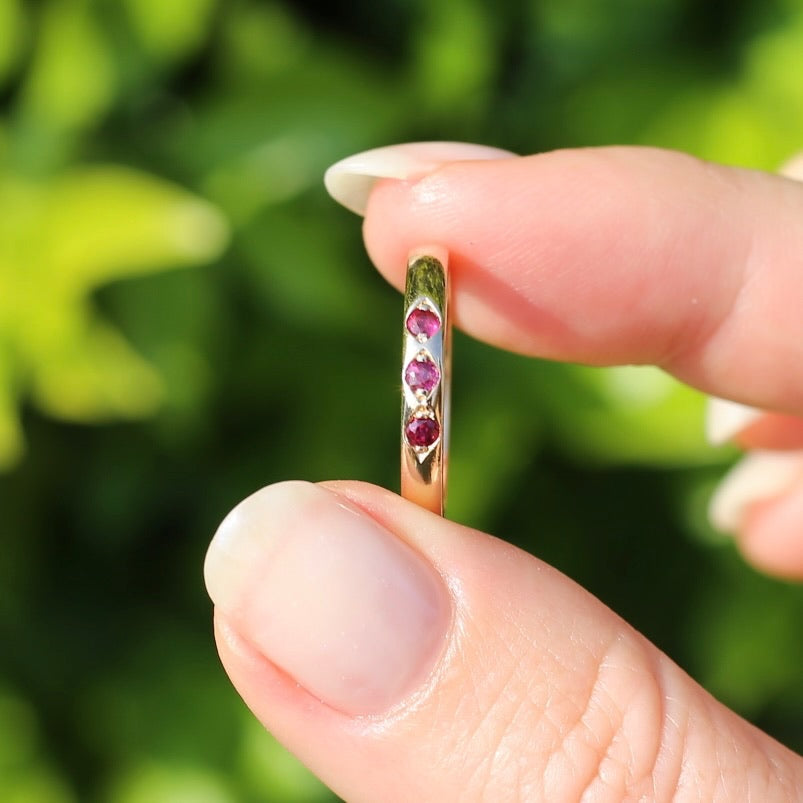 Grain Set Garnet Trilogy, 9ct Rosey Gold, size N or 6.75