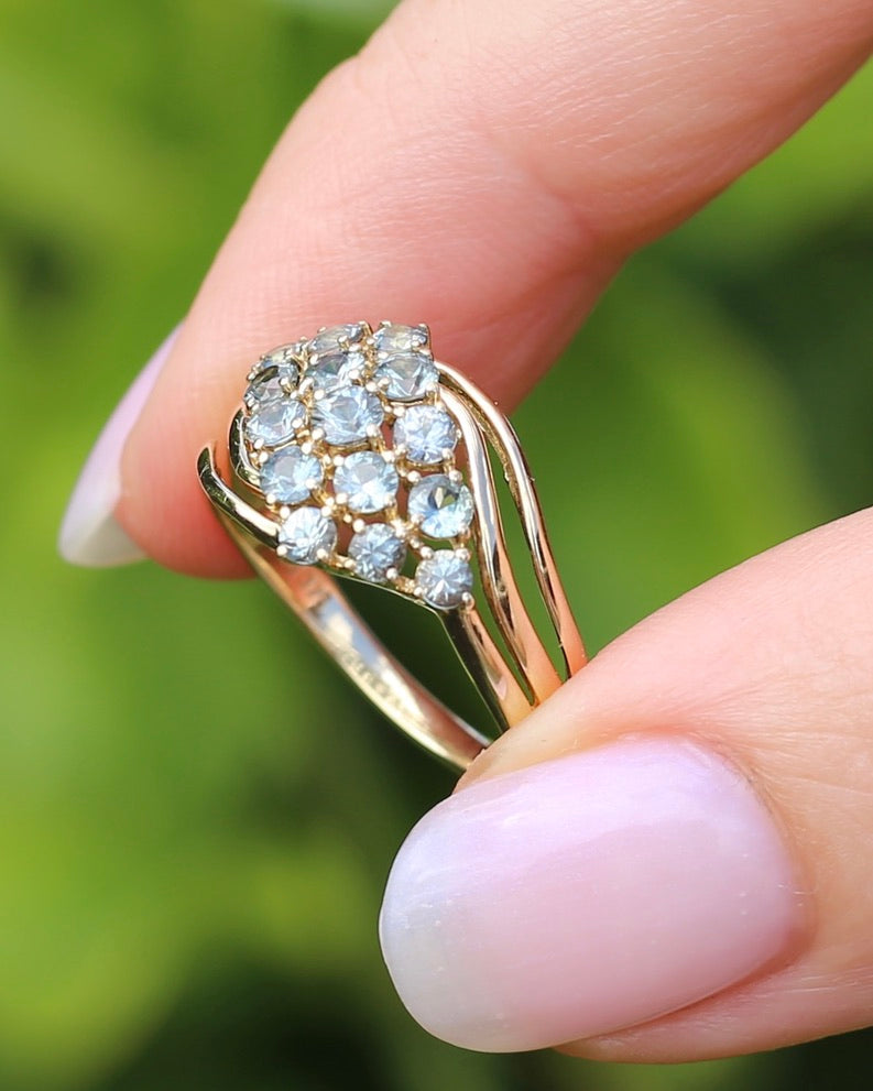 Pale Blue Parti Sapphire Bypass Cluster Ring, 9ct Yellow Gold, size P1/2 or 7.75, 2.75g