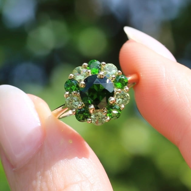 Chrome Diopside and Green Garnet Daisy Cluster Ring, 9ct Yellow Gold, size N1/2 or 7