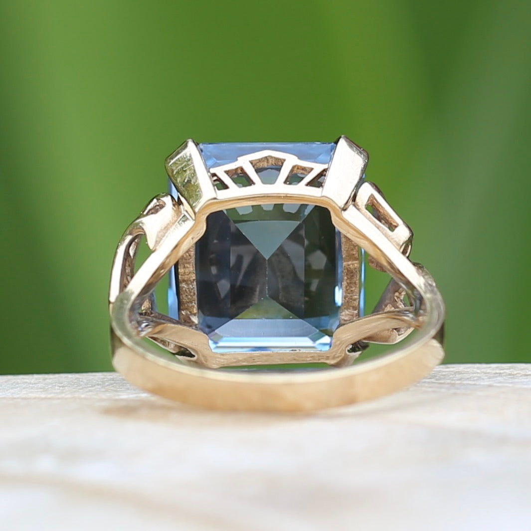 Mid Century Emerald Cut Blue Spinel Cocktail Ring, size N1/2 or 6.75