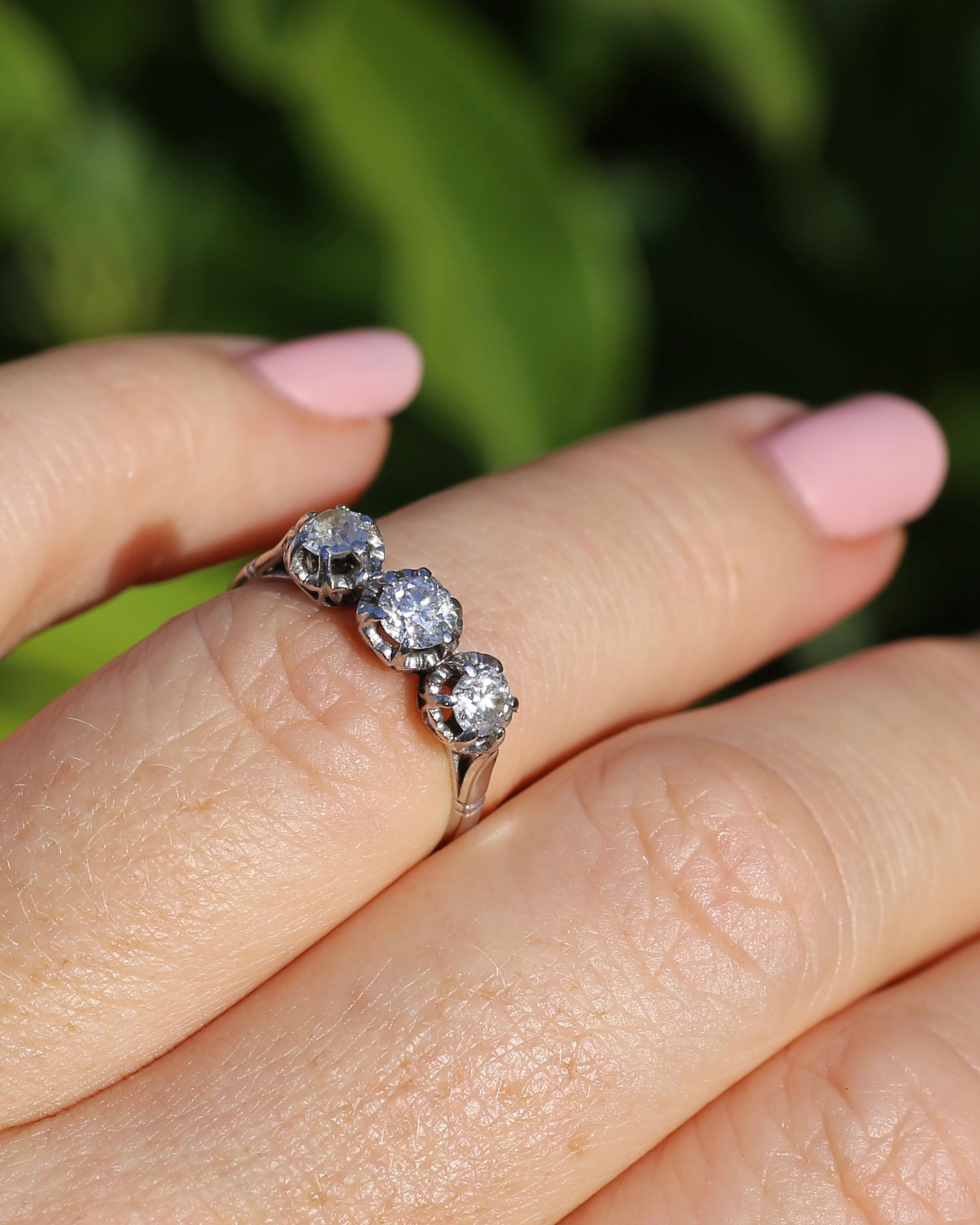 Circa 1930s Transitional Cut Diamond Trilogy with Kozibe Effect, Platinum, size L or 5.75, 2.68g, with valuation