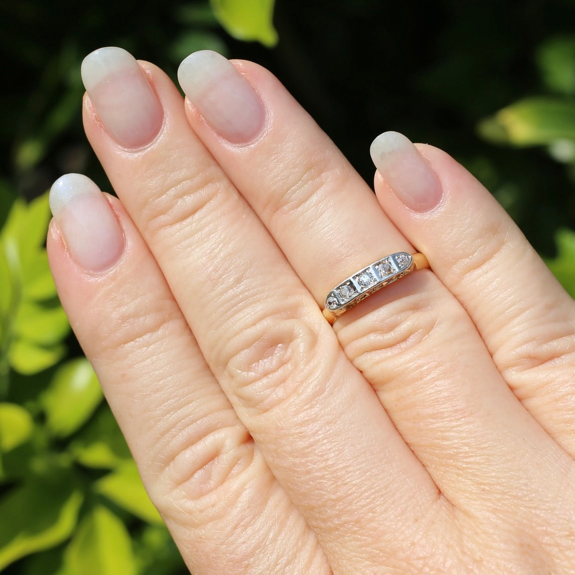 1930s Old Cut 5 Stone Diamond Ring, Platinum and 18ct Yellow Gold, size L or 5.75