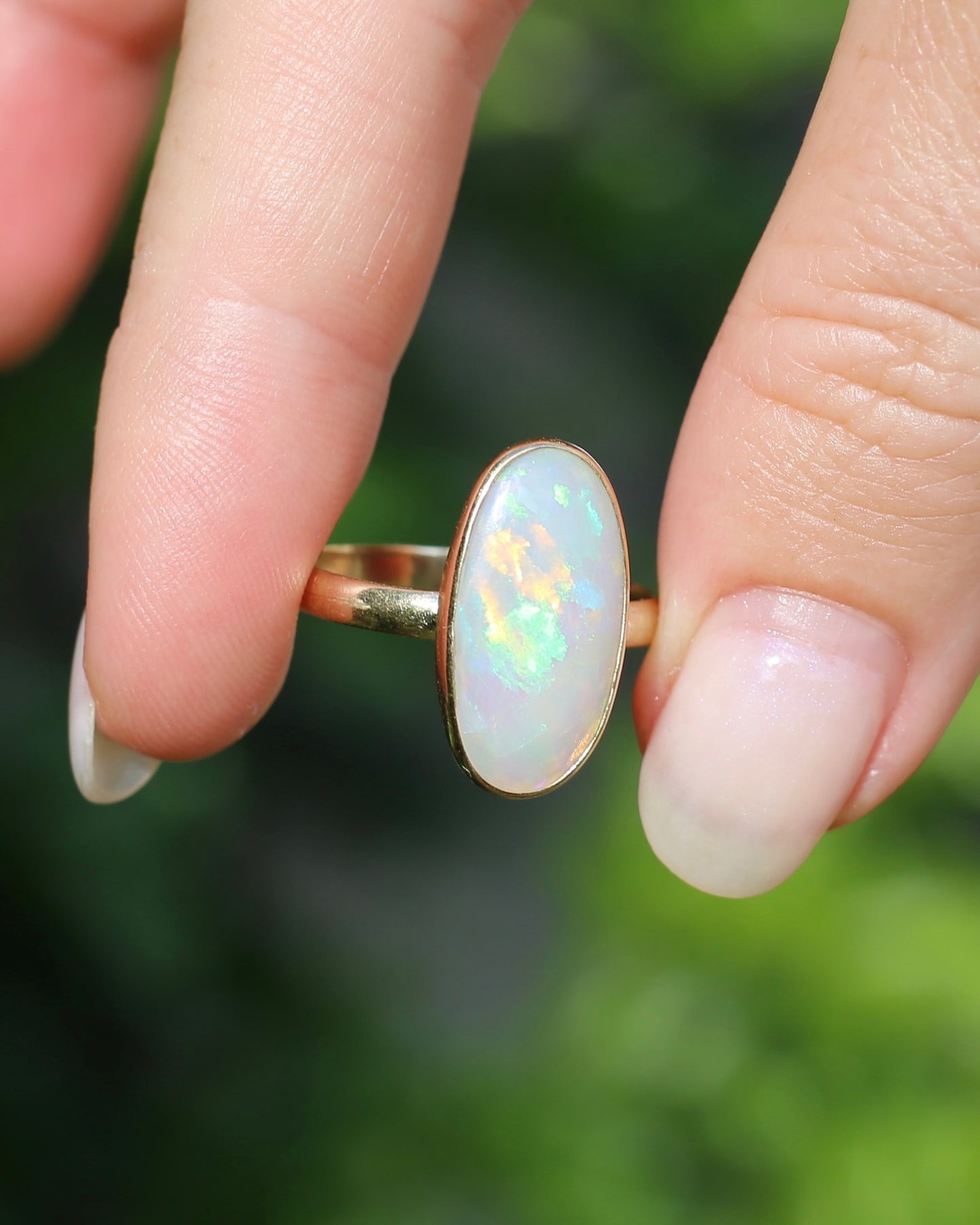 Crystal Opal Cabochon, Low Profile, in Bezel Set 9ct Yellow Gold, size T1/2 or 9.75