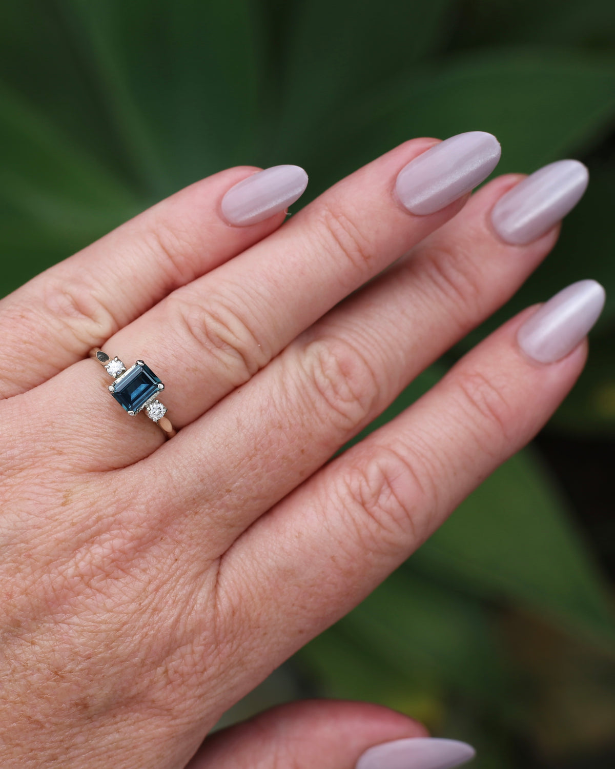 1.1ct Emerald Cut Natural Blue Teal Sapphire and Diamond Trilogy, 18ct White Gold and Platinum, size O or just over 7, 2.27g