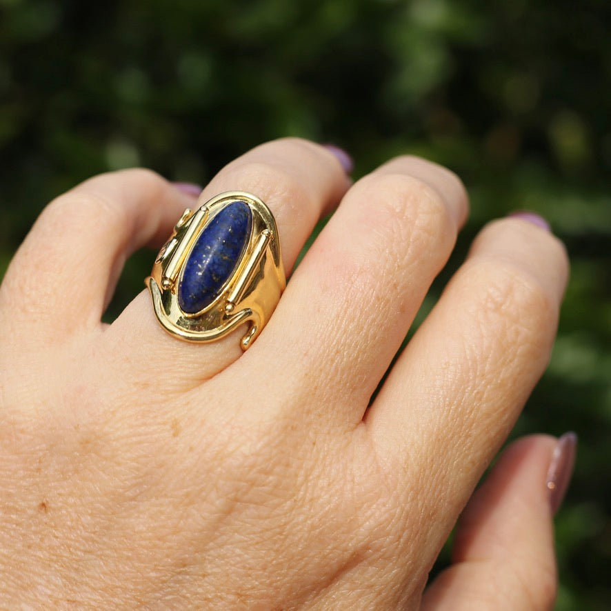 18ct Gold and Lapis Lazuli Cabochon Cuff Ring, size O but sizeable