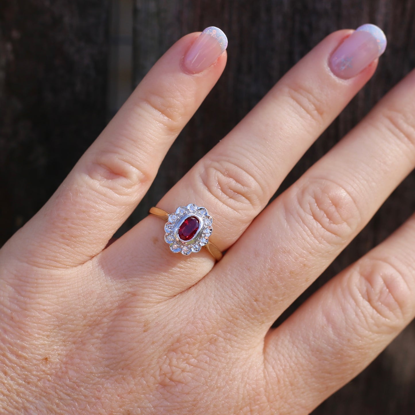 Ruby and Diamond Halo, 18ct Yellow and White Gold, size P or 7.75 with valuation