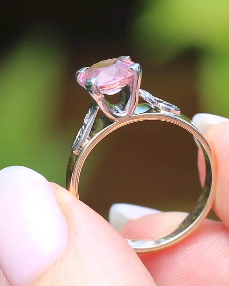 1.62ct Natural Pink Tourmaline in 1970s Mixed Metal Setting with Diamond Side Stones, size P or 7.5, 4.34g