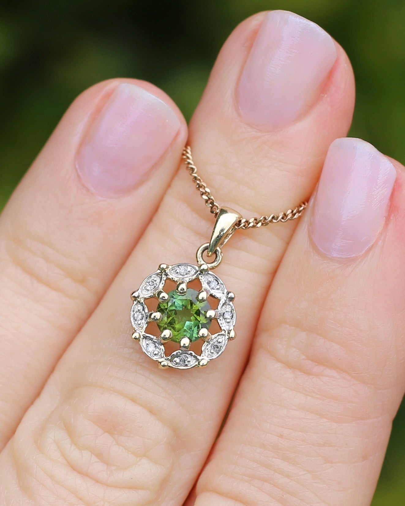 Vintage 0.7ct Green Tourmaline and Diamond Pendant, 9ct Yellow Gold, 1.15g