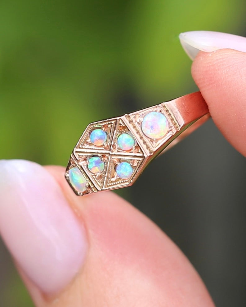 Outstanding Opals in Birmingham Made Rose Gold Shield Faced Ring, 9ct Rose Gold, size Q or 8.25, 2.57g