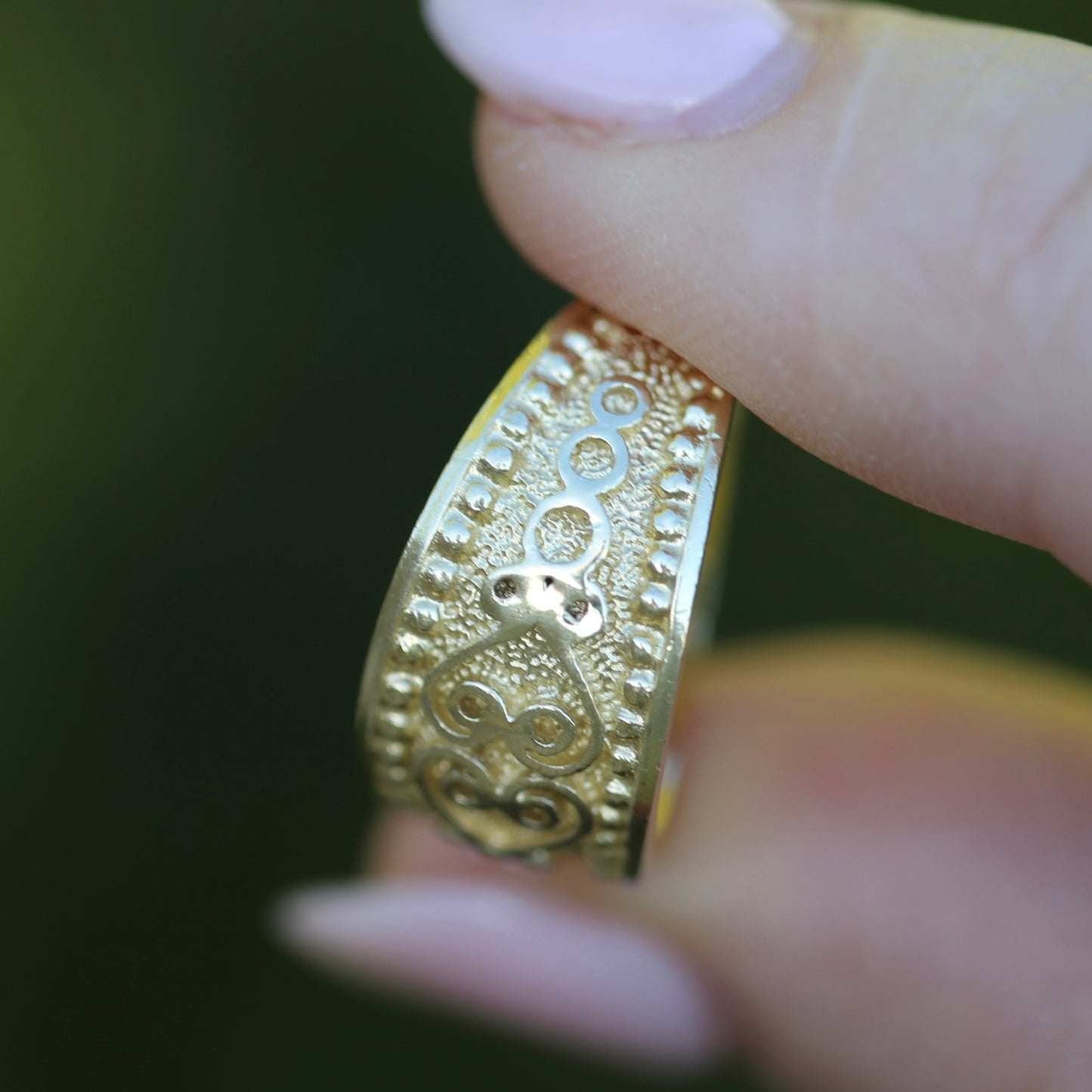 Chunky Embossed Decorative Wide Gold Ring, 14ct Yellow Gold, size N1/2 or 7