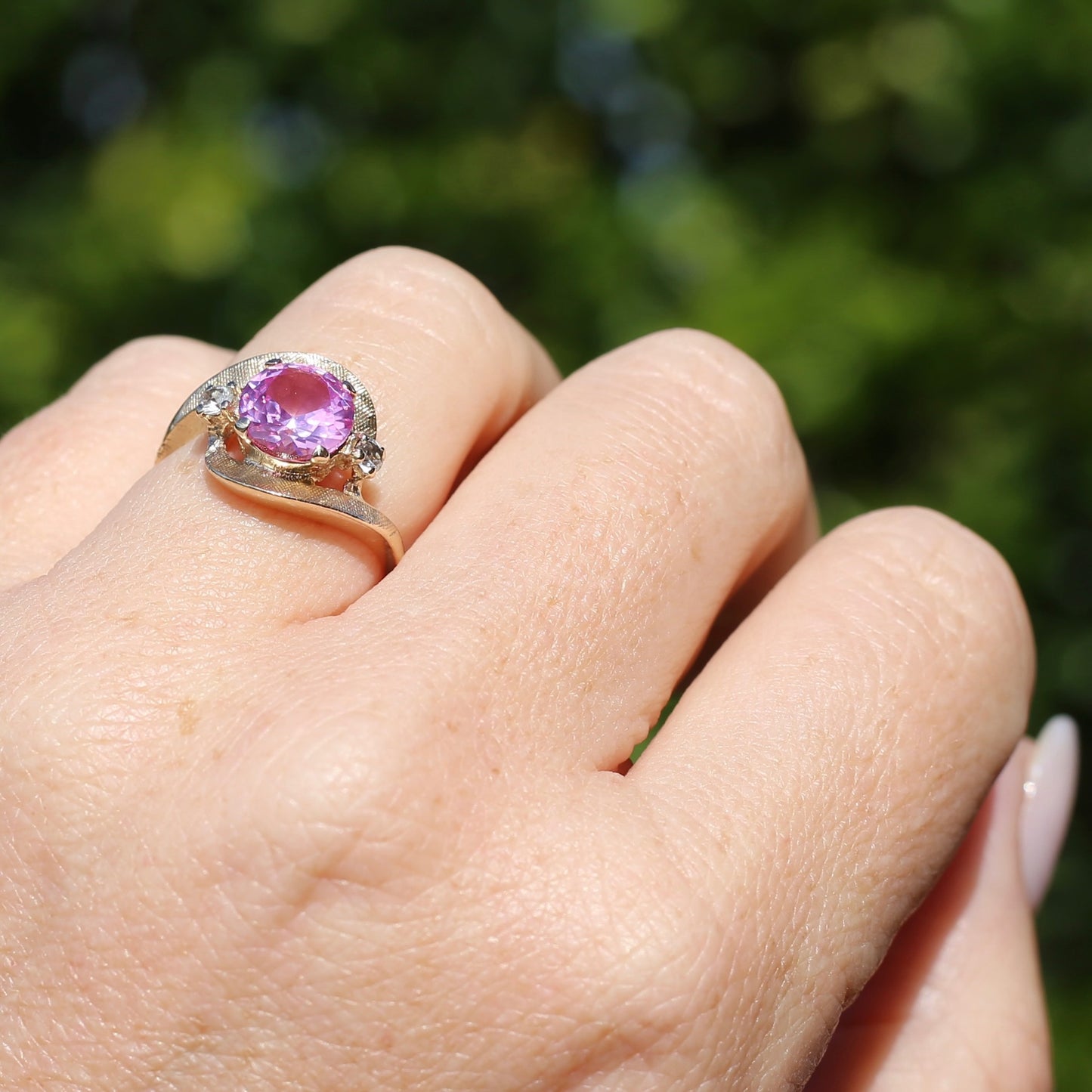 Asymmetric Pink Sapphire and White Spinel Dress Ring, 10ct Yellow Gold, size  N or 6.75