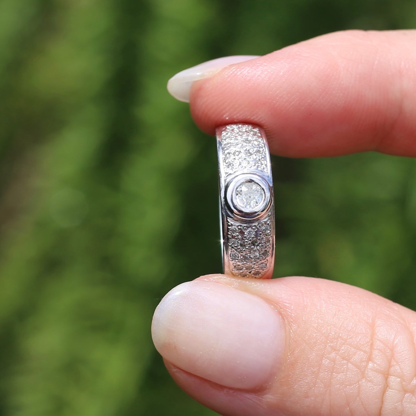 Bezel Set Old European Cut Diamond, in Pavé Setting of Diamonds, Chunky Platinum, size Q or 8 (fits more like an O1/2 - P), with valuation