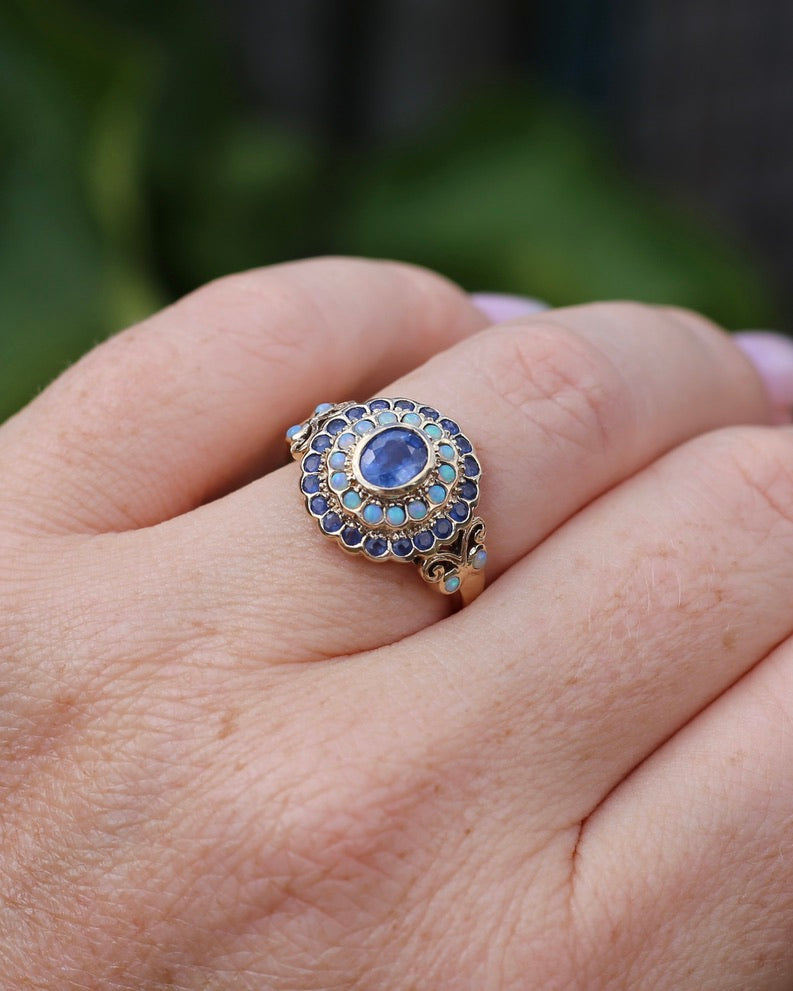 Natural Sapphire and Opal Cluster Ring, 9ct Yellow Gold, size P or 7.5, 4.04g