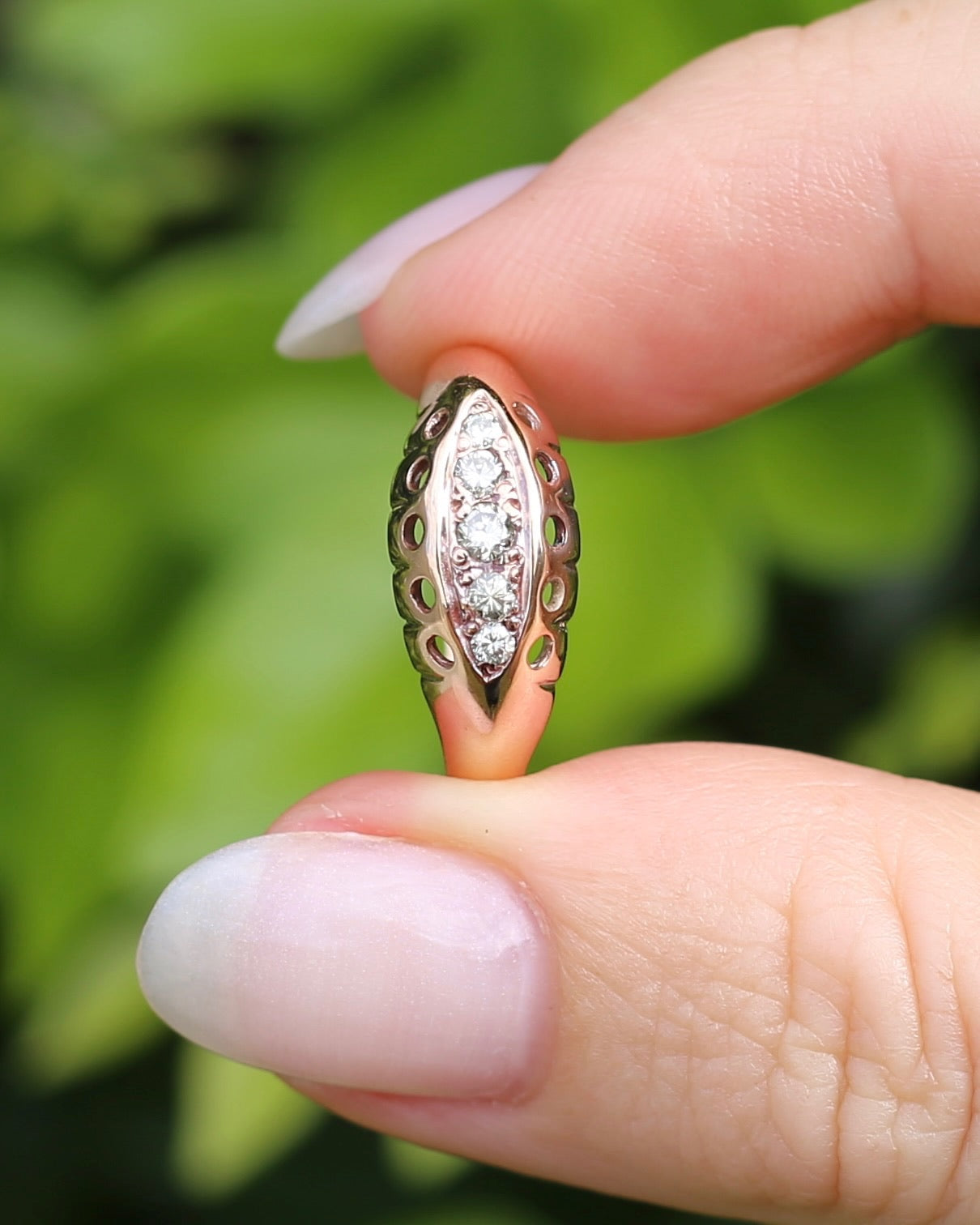 Vintique Rose Gold Boat Ring, 5 Early Brilliant Cut Diamonds, 9ct Rose Gold, size O1/2 or 7.25