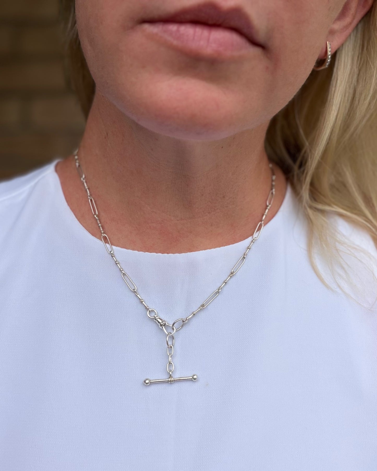 Delicate Trombone and Fancy Link Necklace with Albert Clasp and Detachable T-bar, Sterling Silver, 46cm or just over 18 inches, 10.83g