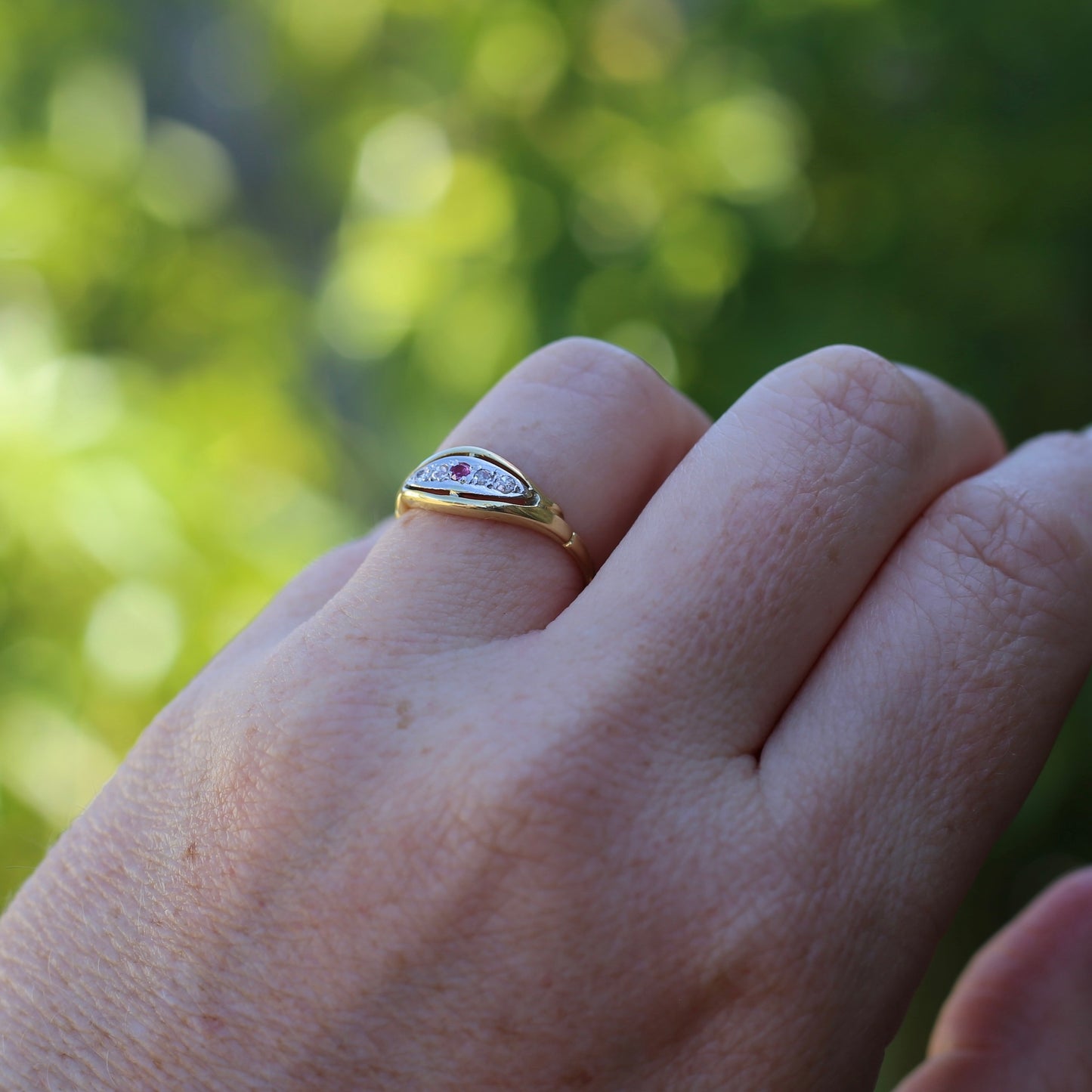 Antique Boat Ring with Four Old Cut Diamonds and an Old Cut Pink Topaz, 18ct Yellow and White Gold, size 7 or N1/2