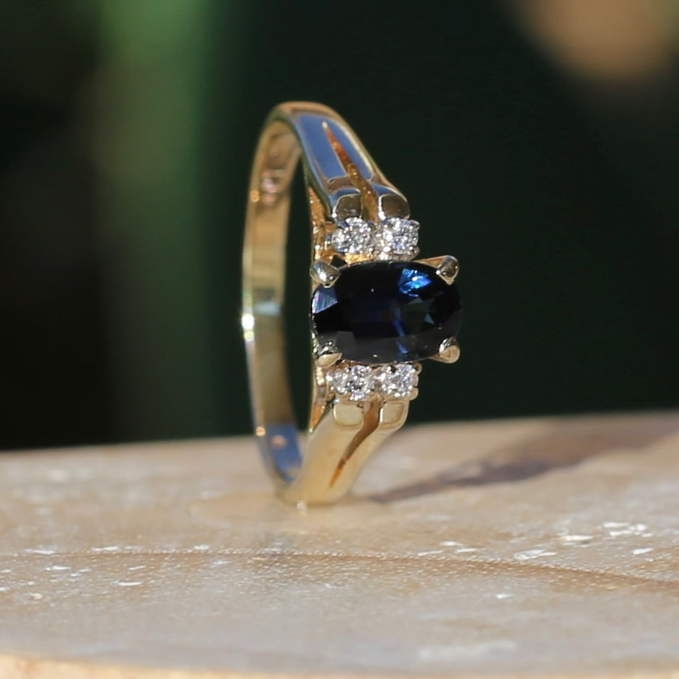 Oval Natural Blue Sapphire with Diamonds, Art Deco Feel Ring, 14ct Yellow Gold, size N or 6.75