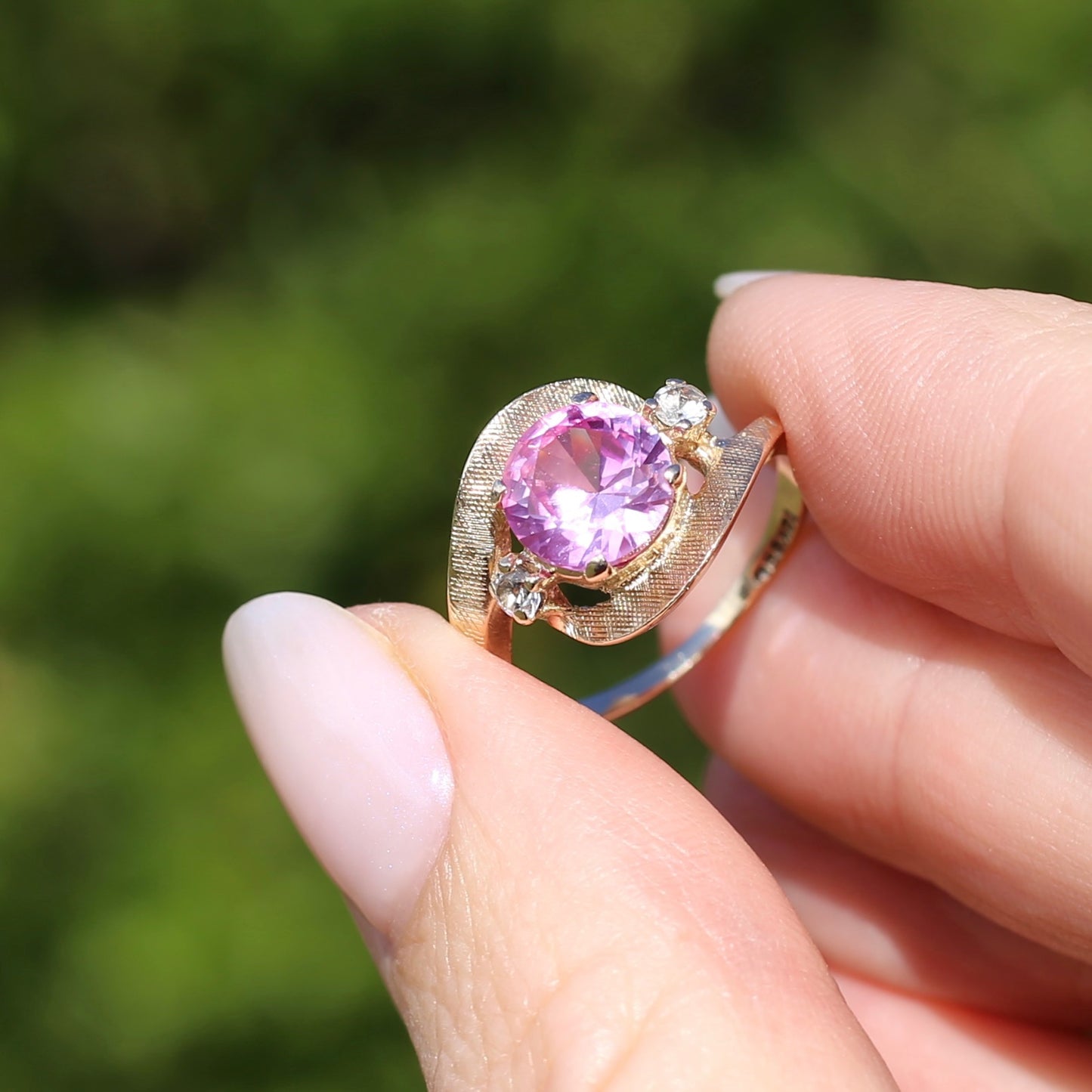 Asymmetric Pink Sapphire and White Spinel Dress Ring, 10ct Yellow Gold, size  N or 6.75