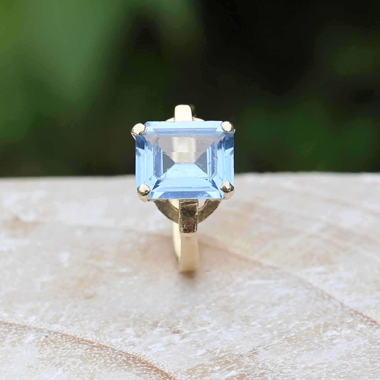 Emerald Cut Synthetic Blue Spinel in Gorgeous Art Deco Setting, 14ct Yellow Gold, size O or 7.25