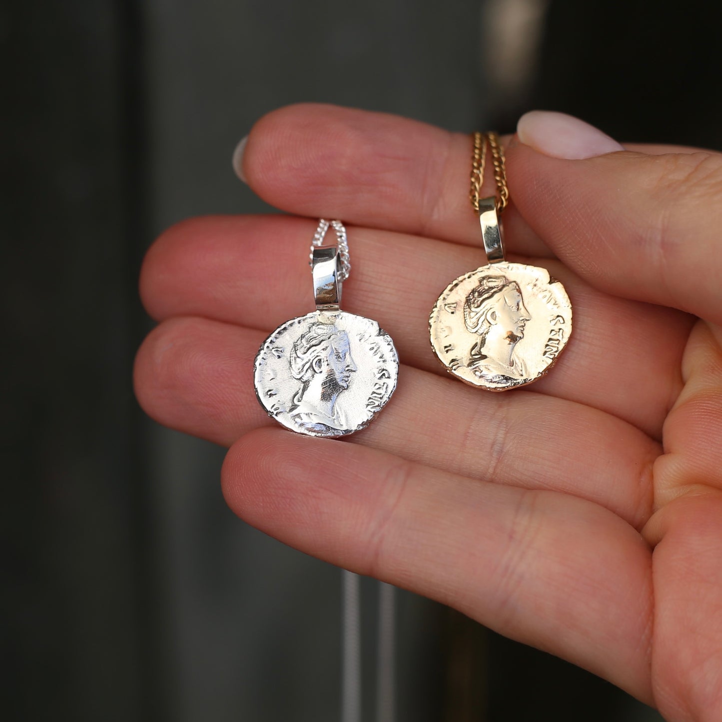 Faustina the Elder Coin Pendant,Cast From a 141-161AD Silver Denarius, avail in  Silver and Gold