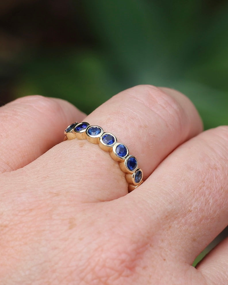 Second Glance - 9 Stone Bezel Set Blue Sapphire Bubble Half Eternity Ring, 9ct Yellow Gold, size N or just over 6.5, 2.80g