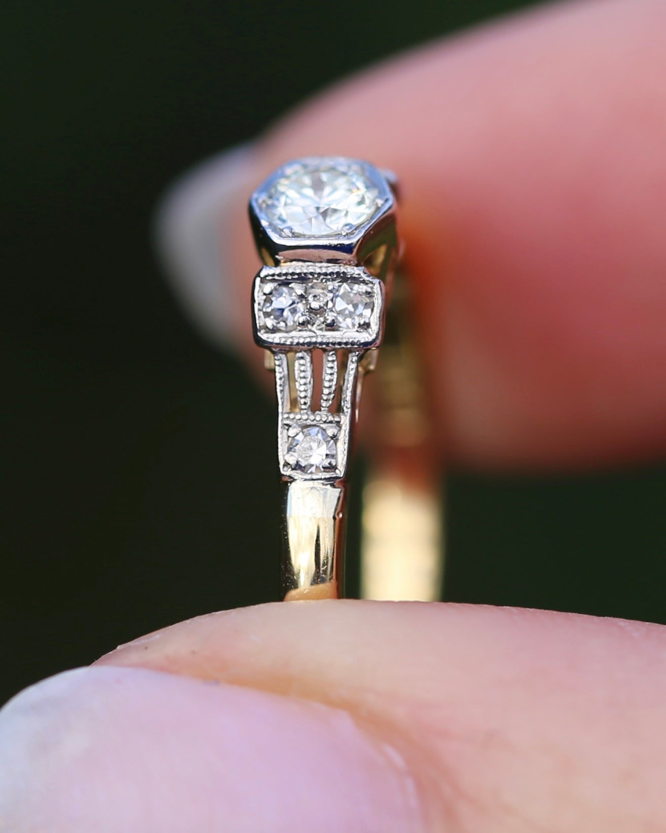 Hexagonal Grain Semi Modern Cut Diamond and Single Cut Diamond Shoulders Ring, 18ct White and Yellow Gold, size P1/2 or 8, 2.58g, with valuation