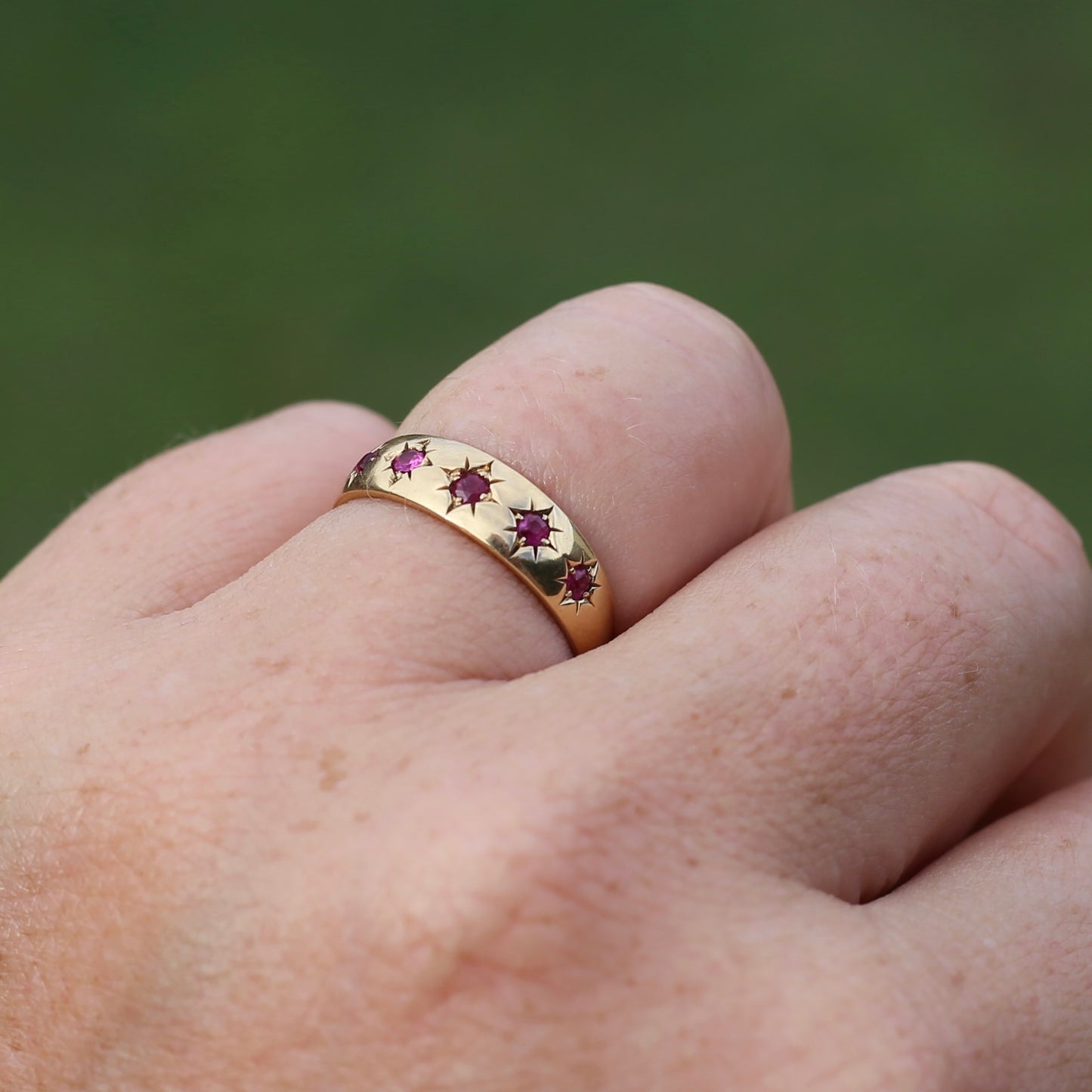 Antique 1891 Five Stone Star Set Old Cut Ruby Ring, 15ct Rosey Gold, size N- N1/2 or 6.75