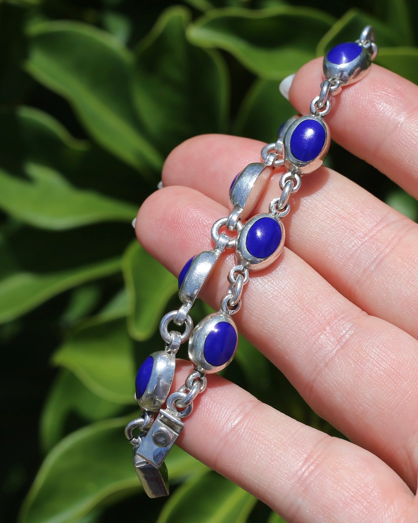 Vintage Mexican Bezel Set Lapis Bracelet, 7.75 inches or 19.5cm, 21.27g