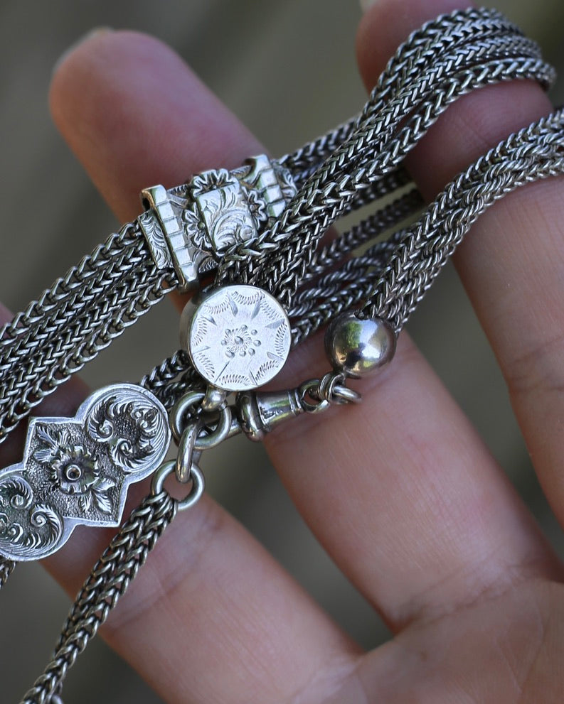 Antique 1901 Double Albertina Necklace with T-bar and Tassel, Sterling Silver, 43.75g