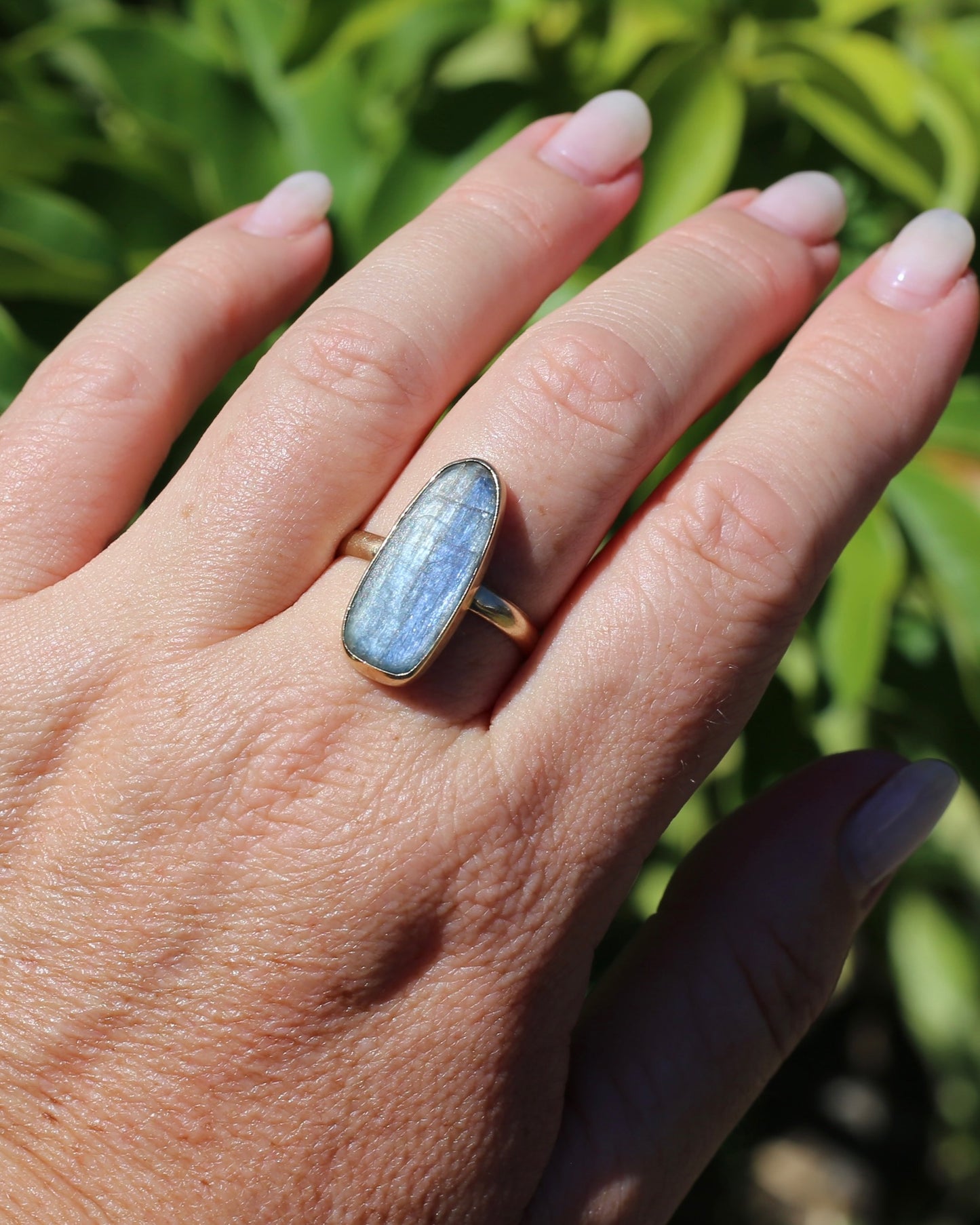 Rustic Freeform Labradorite Cabochon in Bezel Setting, 9ct Yellow Gold, size X1/2 or 11.75