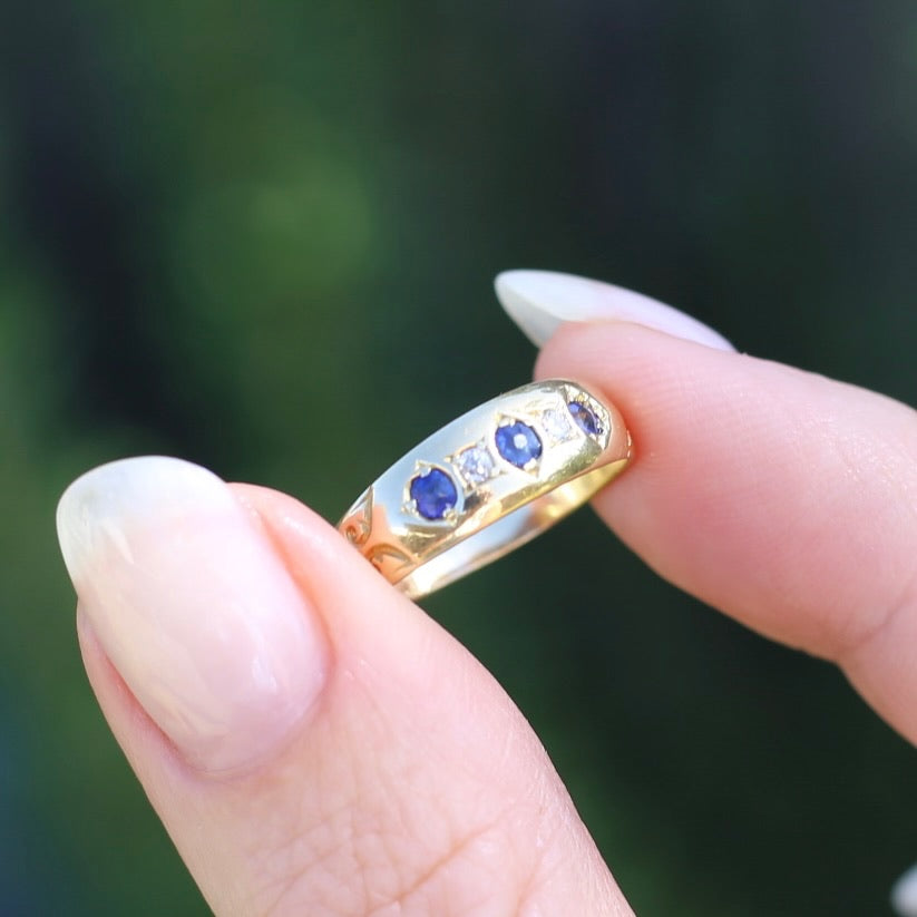 1897 Old Cut Sapphire and Diamond Five Stone Ring, 18ct Yellow Gold, size O or 7.25