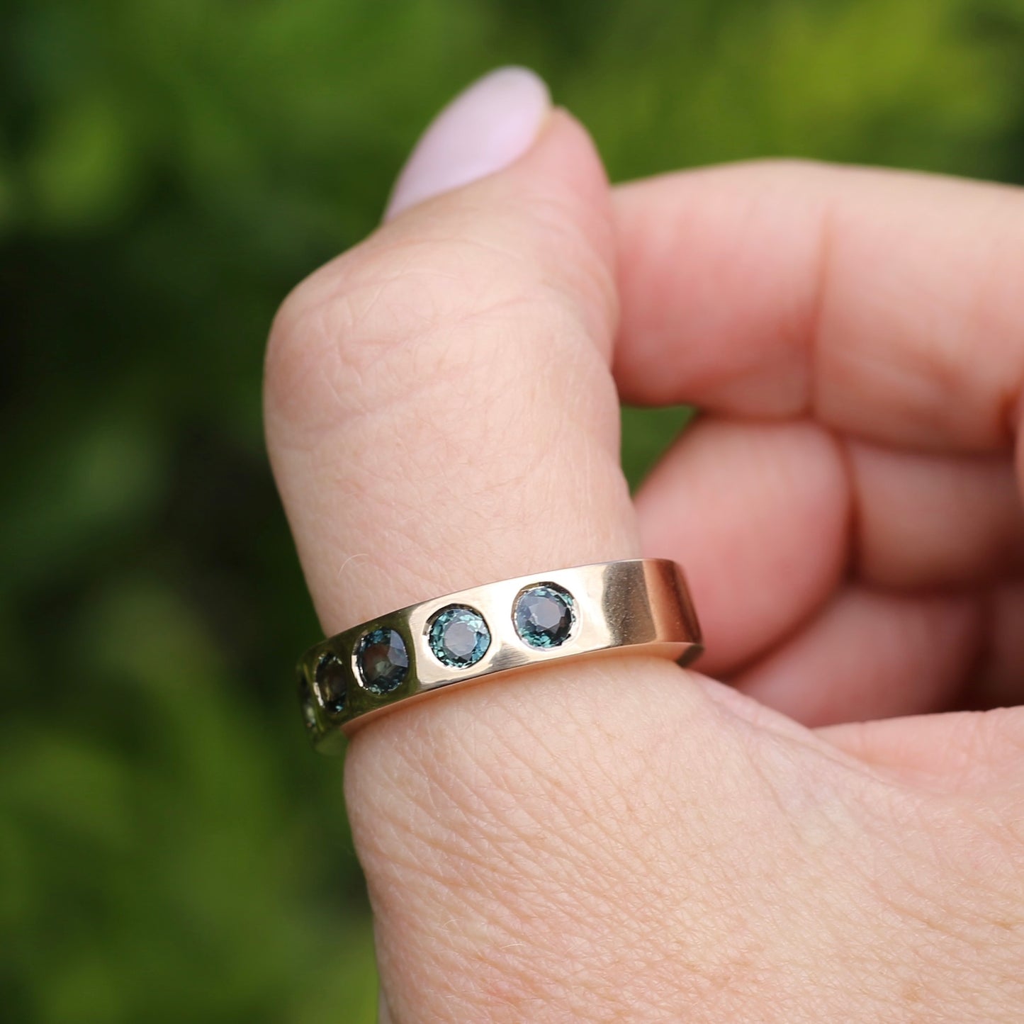 Custom Reclaimed Gold Chunky 9ct Rings with 4mm Parti Sapphires