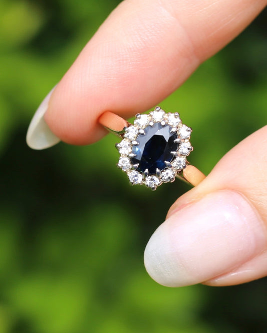 Vintage Natural Sapphire and Diamond Halo, 9ct Yellow and White Gold, size N1/2 or 7