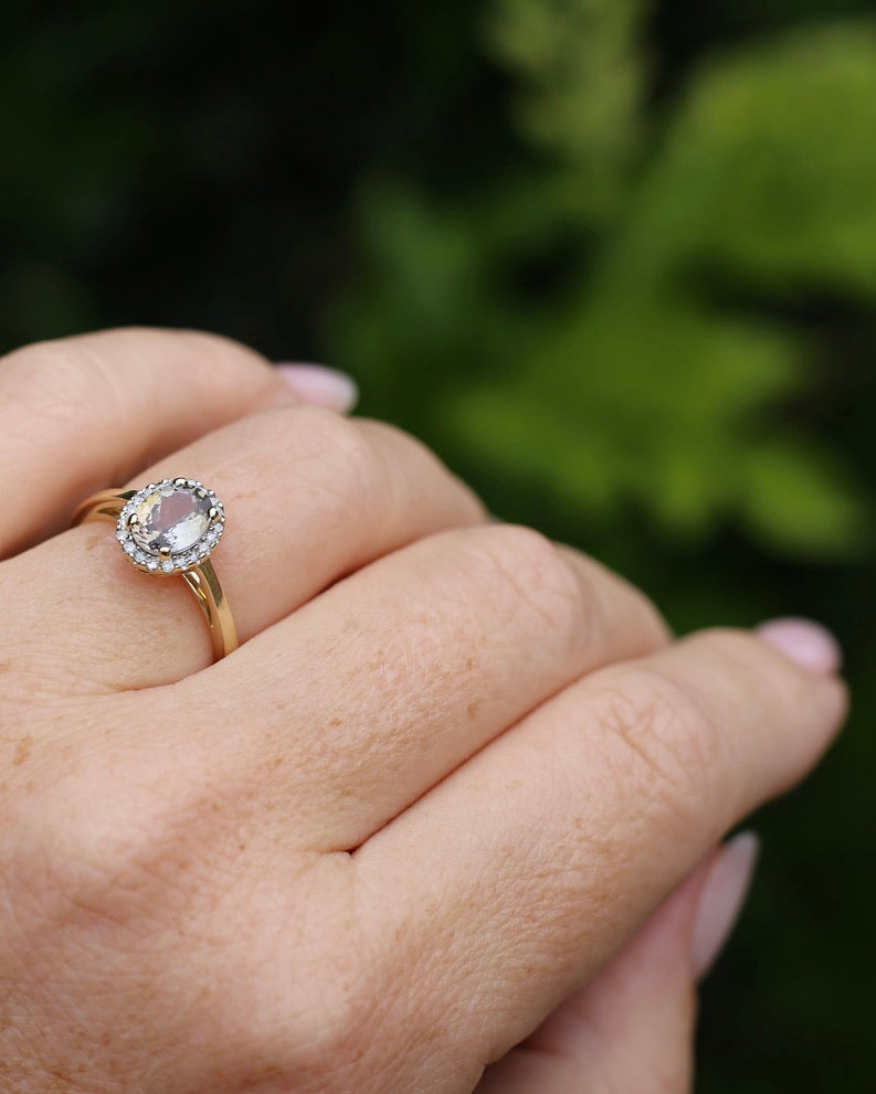 1.2ct Unheated Natural Golden Tanzanite in Diamond Halo, 10ct Yellow Gold, size O1/2 or just over 7.25, 3.0g