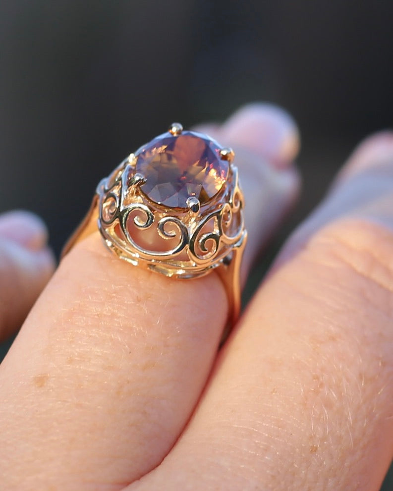 6.9ct Oval Natural Zircon in Raised Filigree Setting, 10ct Yellow Gold, size M1/2 or 6.5, 4.83g